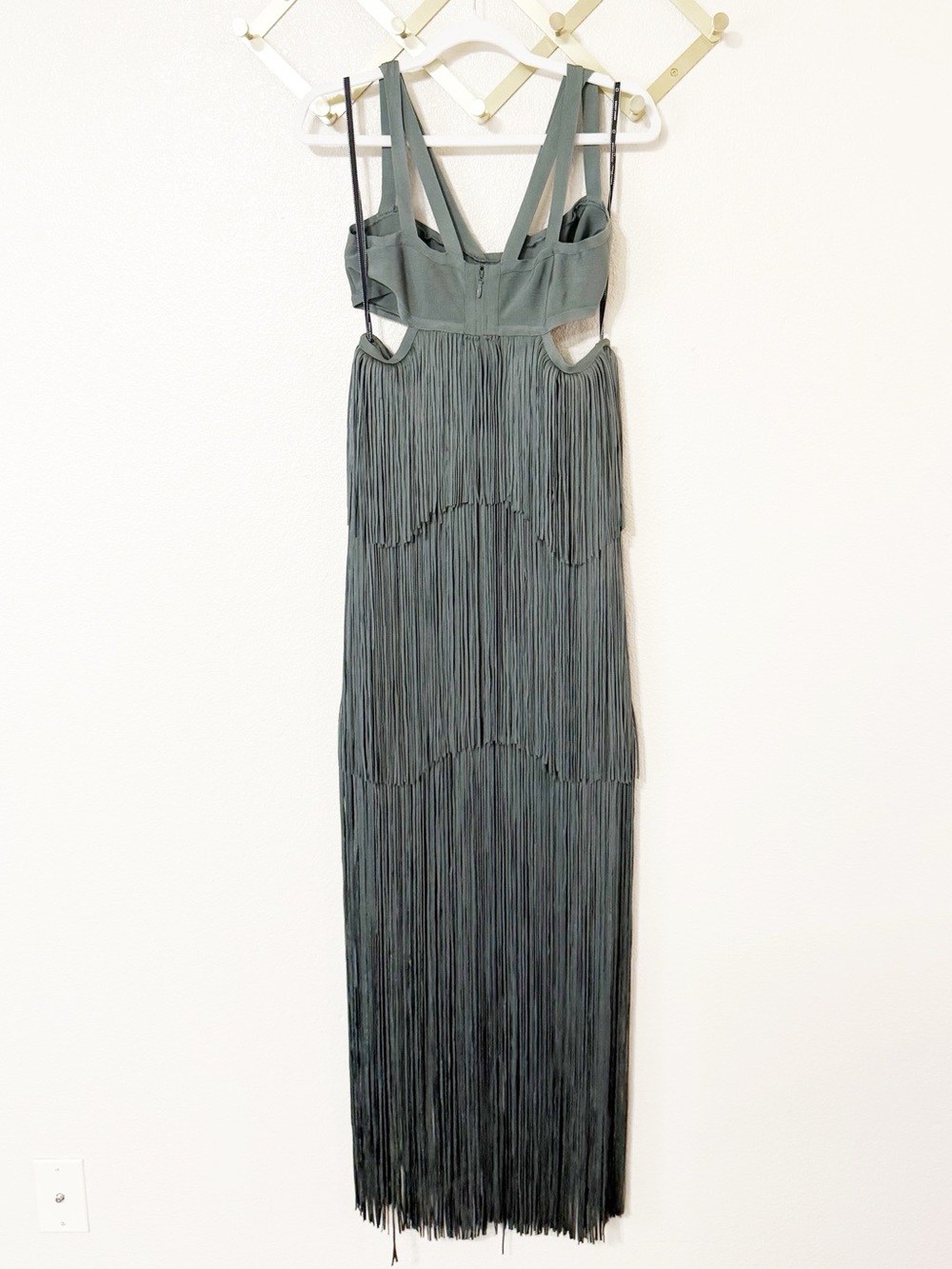 Herve Leger Strappy Tiered Fringe Maxi Dress Cutout Gown in Willow Green Medium - Picture 10 of 12